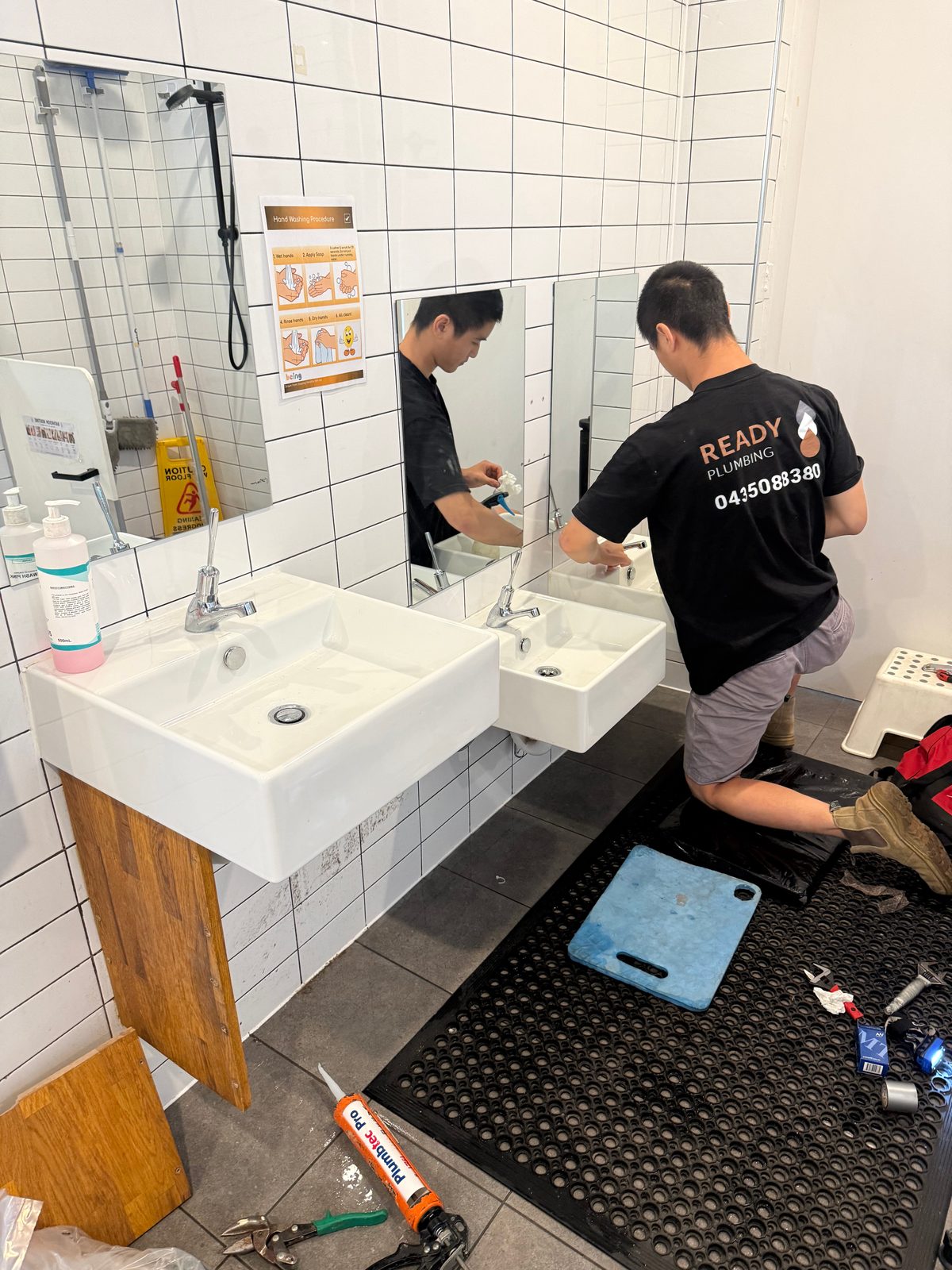 Ready Plumbing installing a new lever tap on the childcare’s twin hand basins in Brookvale